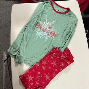 Kickee Pants Green Top & Red Snowflake Pajama Set